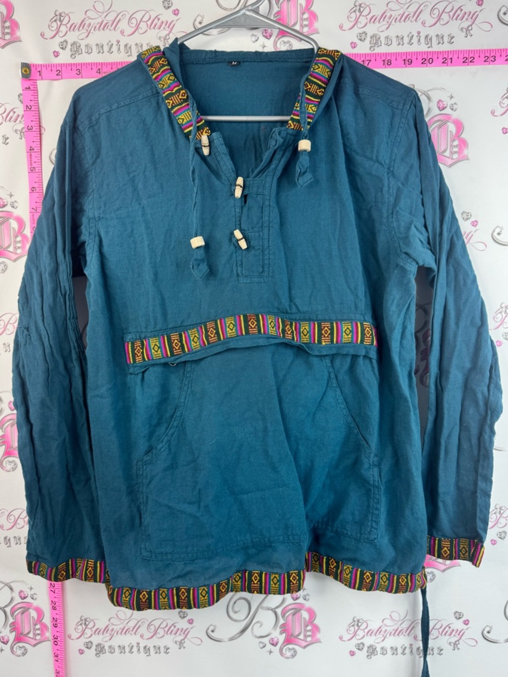 Namaste fair trade long sleeve boho Teal Hooded Pullover with Colorful Trim